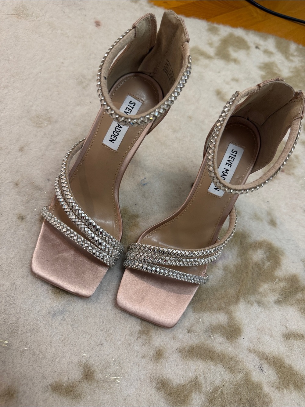 Steve Madden Rose Blush Satin Rhinestone Ankle-Strap Heels